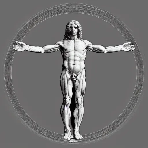 Image similar to Da Vinci's Vitruvian Man as a marble sculpture by Michelangelo, 4k, hyper realistic, detailed, accurate anatomy, four legs, four arms, octane render, well lit studio lighting, unreal engine