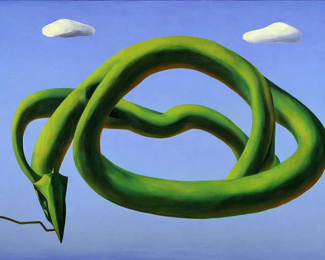 Image similar to a painting of Rayquaza by Magritte