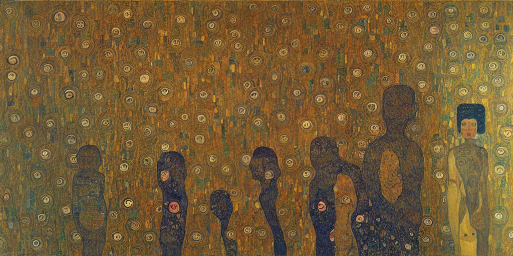 Image similar to a painting of giant buddahs eyes floating in the desert by gustav klimt