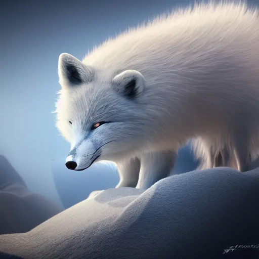 Prompt: A mythical polar fox made of ice crystalst:: hyper realistic, octane render, cinematic, dramatic lighting shadows, detailed illustration, 8k, intricate details