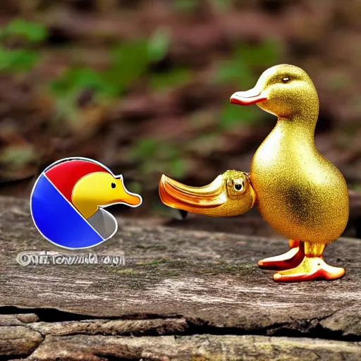 Prompt: a chrome - plated duck with a golden beak arguing with an angry turtle in a forest.