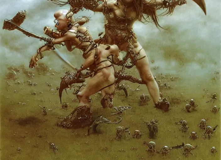 Image similar to bald barbarian girl fighting small cute goblins by Beksinski and Luis Royo