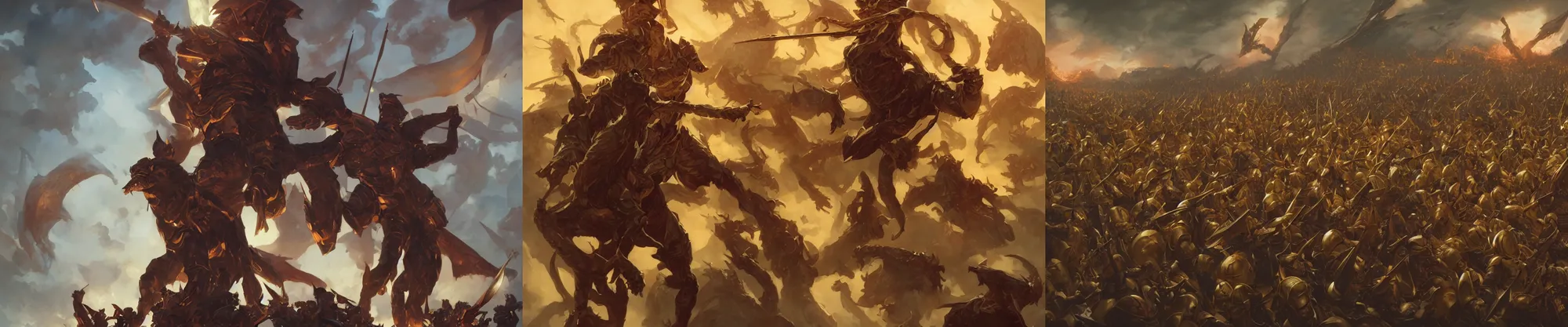 Prompt: dynamic colorgraded character illustration of the massive draconian golden army by Greg Rutkowski and Leyendecker