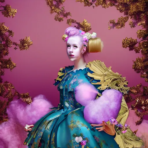 Prompt: 8 k, octane render, realism, tonalism, renaissance, rococo, baroque, portrait of a young lady wearing long harajuku manga dress with flowers and skulls, cotton candy!! ( background chaotic gold leaf flowers )