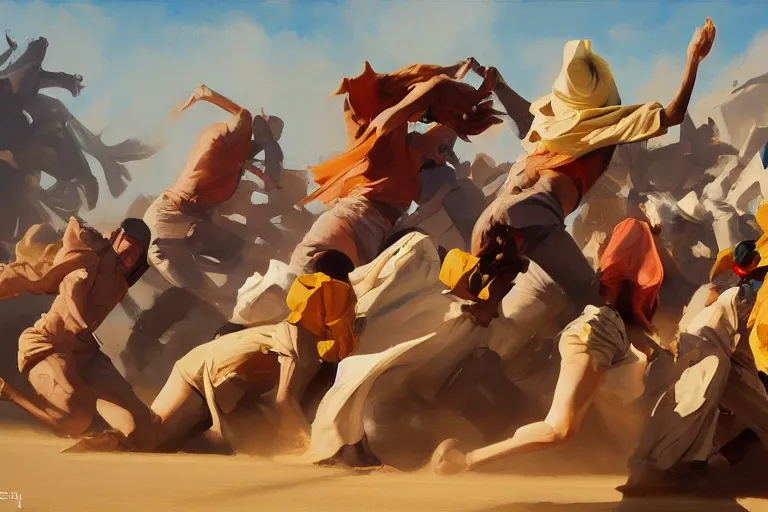 Image similar to greg manchess painting of people dressed in rags tripping over each other in an arena, profile picture, organic painting, sunny day, matte painting, bold shapes, hard edges, street art, trending on artstation, by huang guangjian, gil elvgren, ruan jia, randy vargas, greg rutkowski