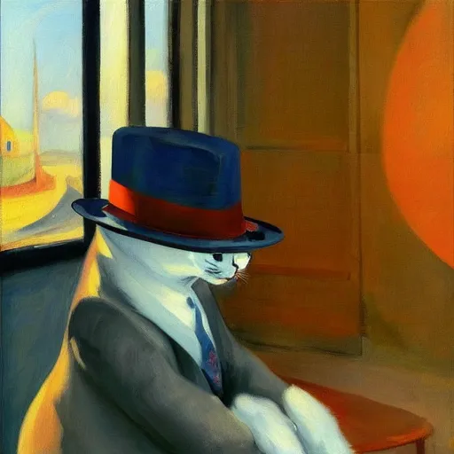 Image similar to a robotic cat wearing a hat, a highly detailed edward hopper painting, by adrian ghenie and gerhard richter. art by sorolla. masterpiece, flat surreal design with deep colours. 8 k. artstation