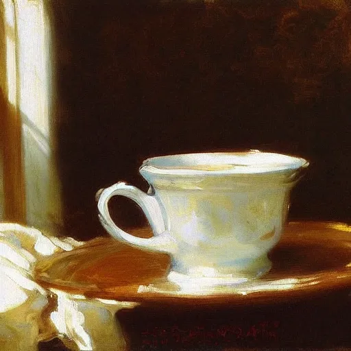 Prompt: a cup of hot tea, john singer sargent, oil on canvas
