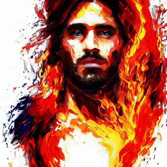 Image similar to abstract painting of man on fire. Handsome. Long hair. portrait. ArtStation. Impressionist