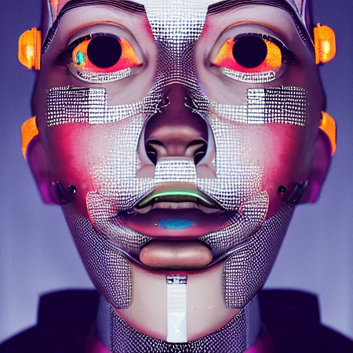 Image similar to portrait of a soundcloud robot rapper full of face tattoos and grills in its teeth, minimalistic aesthetics, geometric figures, stunning photo, cinematic lighting, perfect composition, 8K, ultra-detailed , Trending on artstation, Octane render, Unreal Engine, highly detailed