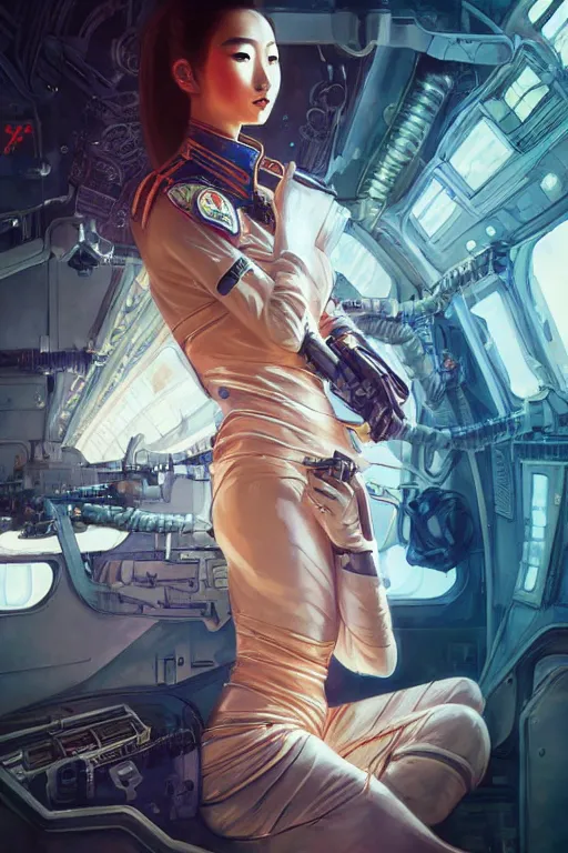 Image similar to portrait futuristic beautiful Asian Airforce armored pilot Girl, at inside of future fighter aircraft, ssci-fi, fantasy, intricate, very very beautiful, elegant, human anatomy, neon light, highly detailed, digital painting, artstation, concept art, soft light, smooth, sharp focus, illustration, art by tian zi and WLOP and alphonse mucha