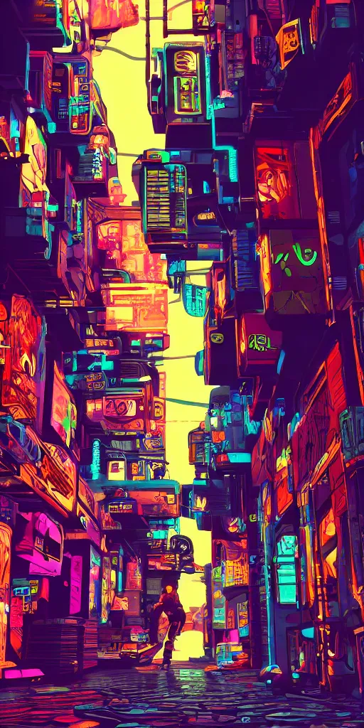 Image similar to cyberpunk alley, pop art, rtx, 8 k, ray tracing, highly detailed,