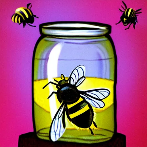 Prompt: a bee in a glass jar