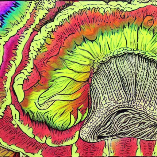 Image similar to detailed drawing of a white oyster mushroom fruiting from a tree trunk, psychedelic colors, tye dye