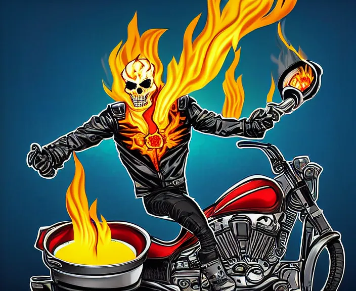 Prompt: ghost rider cooking eggs with his fire, digital art