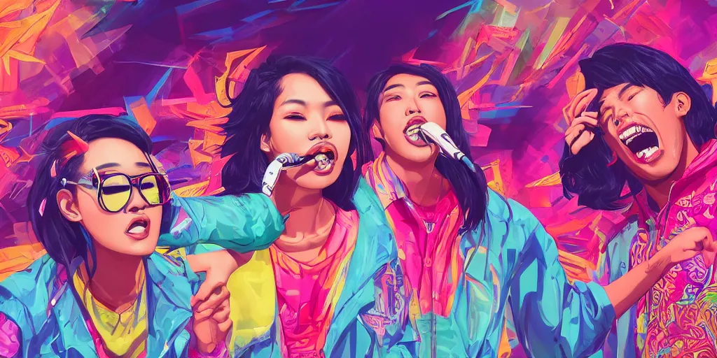 Prompt: Asian women and Hispanic men rapping with microphone in living room, epic poses, distinct figures, digital art, vaporwave, psychedelic, surreal, outrun, hip hop, trending on Artstation, professional artist, detailed, 4k