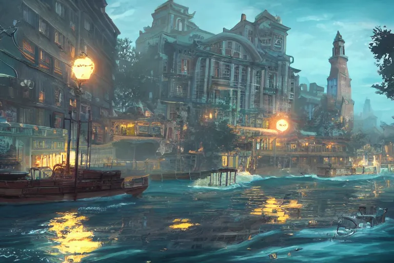 Image similar to beautiful water city in the style of a bioshock infinite screenshot, concept art, artstation, deviantart, behance, highly detailed