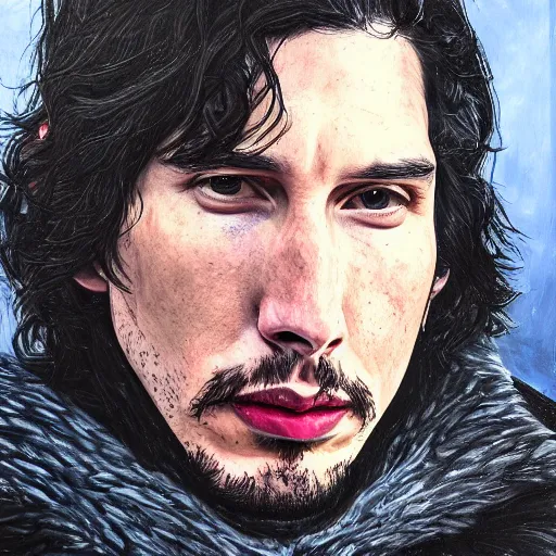 Image similar to adam driver as commander of the nights watch, incredibly detailed oil painting, high octane, trending on artstation, incredible fineline, regal, fine art museum piece, drum scanner