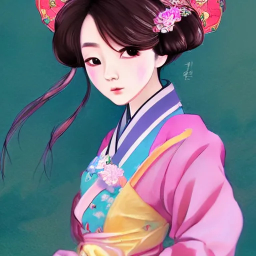 Prompt: pretty korean woman wearing beatiful hanbok, face by artgerm, bright pastel colors, studio ghibli painterly style, trending on artstation, tarot card