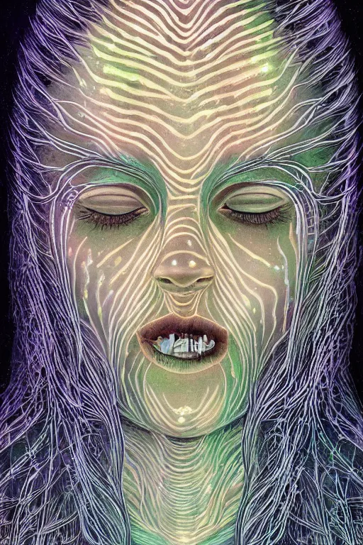 Image similar to dark underwater portrait of one Bioluminescent ancient woman, with reaction diffusion semi-transparent skin. face closeup. long intricate dark hair. good face proportions. with many jellyfishes. very high detail, illustration, by alex grey and Ilya Kuvshinov