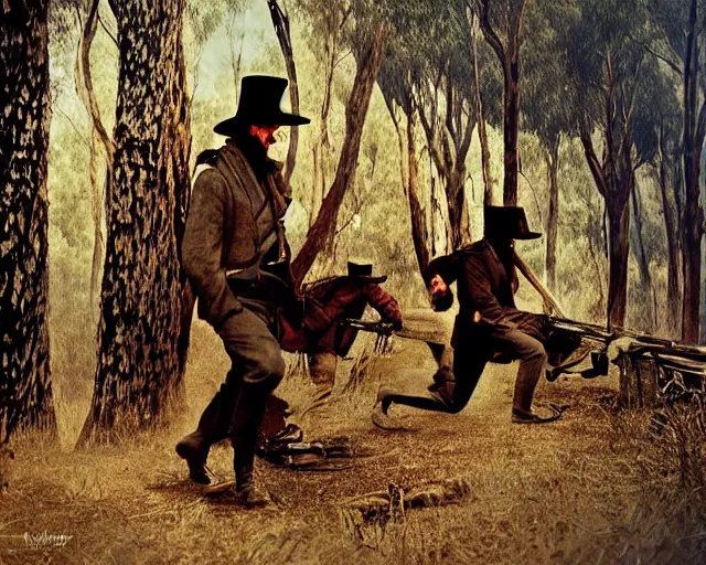 Image similar to australian bushranger edward kelly ned kelly, award winning epic action photography in rich colors