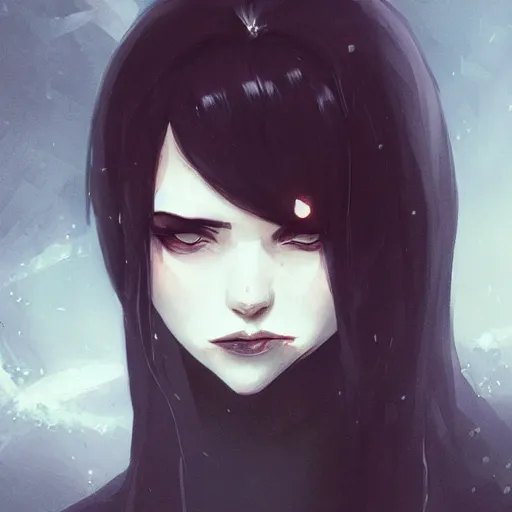 Image similar to female human vampire witch in the style of greg rutkowski, makoto shinkai, trending on artstation, character design, concept art, pretty face, highly detailed, long black hair, portrait, digital art