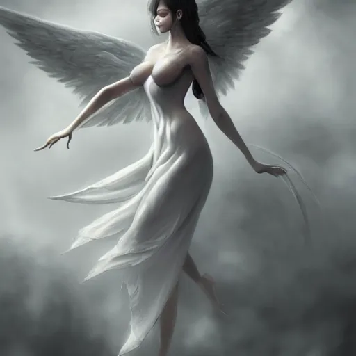 Image similar to a concept art drawing of a beautiful female angle in a white dress on a dark steamy background, spreading her wings, symmetry features, soft painting, volumetric light, fog, fantasy background, artstation, detailed, award winning