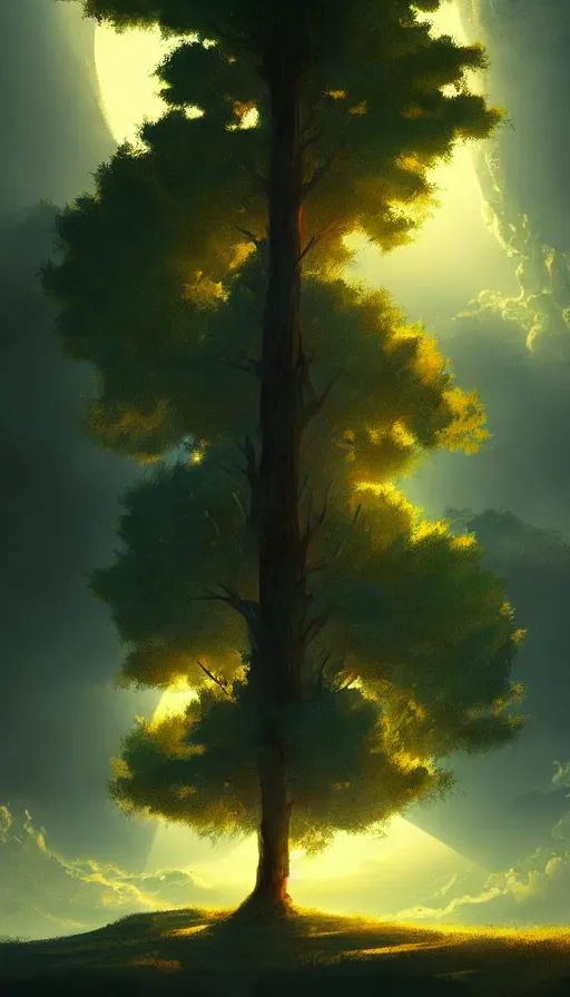 Image similar to concept art by jama jurabaev, cel shaded, cinematic shot, trending on artstation, high quality, brush stroke, the tree of the world shining with the holy light in the valley