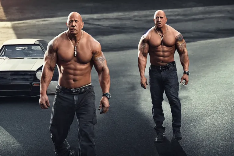 Image similar to vin diesel as dwayne johnson flexing and yelling let's go!, fast furious, low isometric perspective, cinematic still, movie still, long lens, shallow depth of field, bokeh, anamorphic lens flare, 8 k, hyper detailed, 3 5 mm film grain