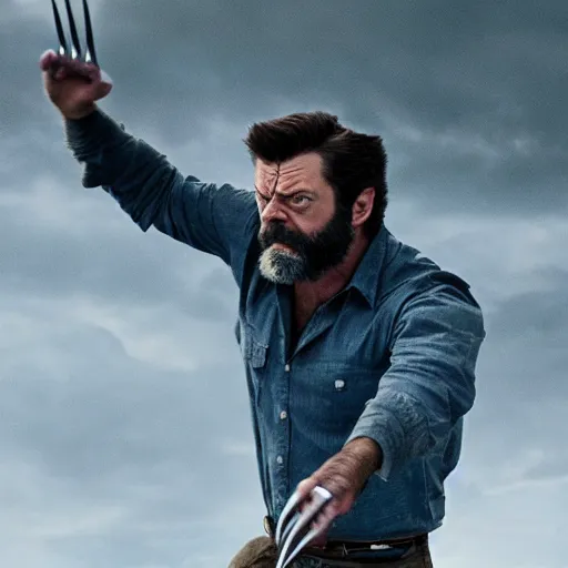 Prompt: logan wolverine with claws off his wrist as nick offerman, photorealistic mervel movie still, detailed, 8 k