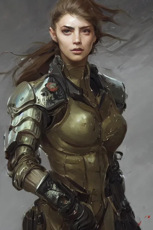 Image similar to a professionally painted portrait of an attractive young woman, clothed in military armor, olive skin, long dark hair, beautiful bone structure, symmetrical facial features, intricate, elegant, digital painting, trending on Artstation, concept art, smooth, sharp focus, illustration, from Metal Gear by Ruan Jia and Mandy Jurgens and Artgerm and William-Adolphe Bouguerea, award winning