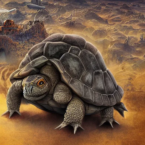 Image similar to gargantuan tortoise with a large fantasy castle armor walking through a sandy wasteland, howls moving castle, mortal engines, kaiju, distant shot birds eye view, fantasy, hyper detailed, 4 k,