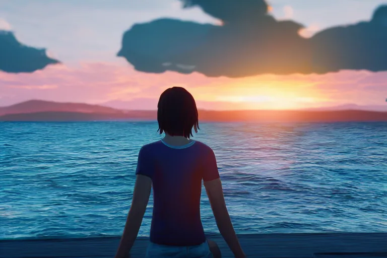 Prompt: max caulfield watching sunset on the sea, life is strange, realistic, cinematic, 8 k, highly detailed, ue 5