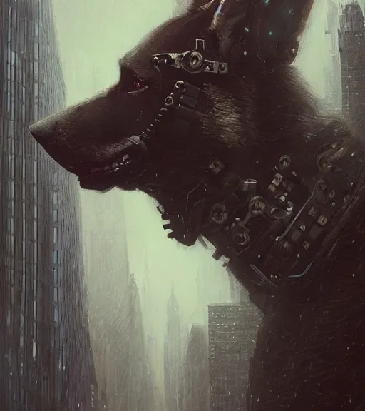 Image similar to new york city portrait of furry anthro anthropomorphic german shepard head animal person fursona wearing clothes strange cybernetic muzzle gloomy rainy cyberpunk digital art by Greg Rutkowski, Simon Stalenhag, christopher nolan trending on Artstation, CGSociety