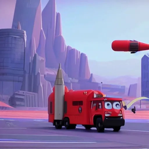 Prompt: HIMARS multiple rocket launcher system stylized caricature in Big Hero 6 (2014), animated cinematography 3D CGI movie