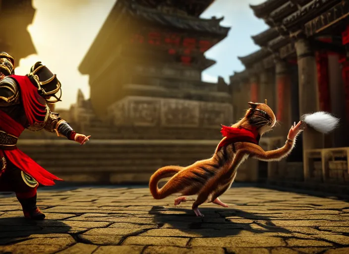 Prompt: hamster dressed as shao khan fights a cat dressed as kung lao in mortal kombat on the background of an ancient temple. fantasy magic style. highly detailed 8 k. intricate. lifelike. soft light. sony a 7 r iv 5 5 mm. unreal engine with nanite and path tracing