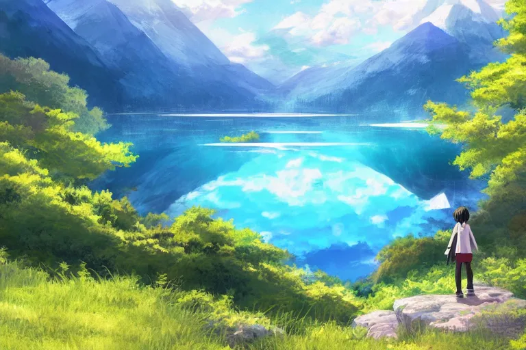 Image similar to Anime painting of a lake and mountain landscape, relaxed, calm, atmospheric, peacefull, trending on artstation, kimi no na wa