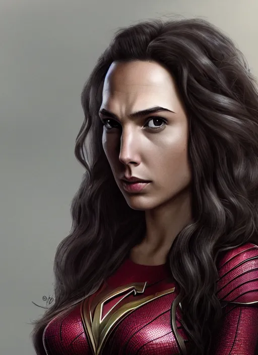 Image similar to a potrait of gal gadot as wanda maximoff by Zack Snyder, 8k photorealistic, cinematic lighting, HD, high details, dramatic, trending on artstation, view from above