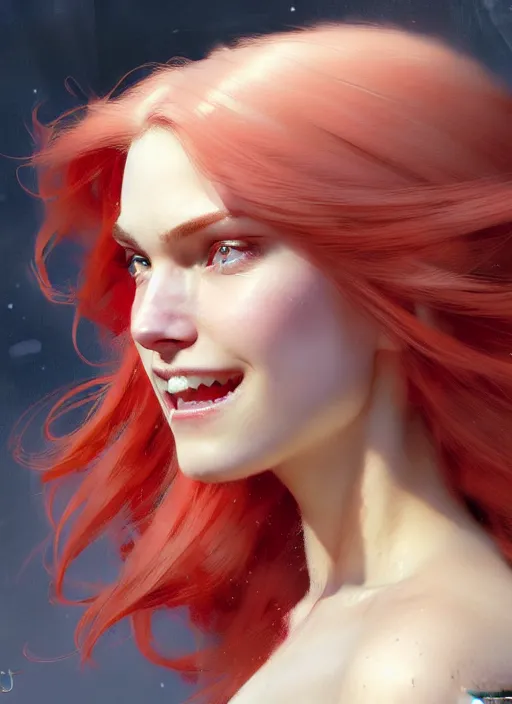 Prompt: close up highly detailed portrait of a beautiful!!! smiling pale girl with flowing red hairs, sideview!!!, side view, beautiful eyes. by greg rutkowski and gaston bussiere and craig mullins and j. c. leyendecker, hd