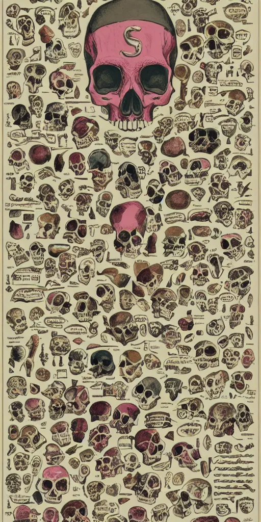 Prompt: anatomy of a skulls, diagrams, map, marginalia, sketchbook, old script, inhabited initials, pastel infographic by Wes Anderson and victo ngai