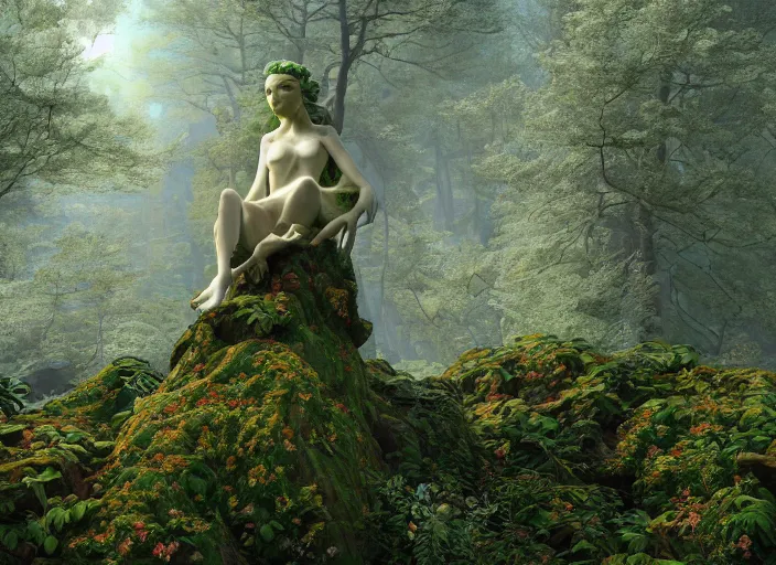 Image similar to an idealistic marble statue with fractal flowery hair and fair porcelain face and green eyes, in a magical forest, painted by, mc escher, gordon onslow ford, georgia o'keeffe and ivan aivazovsky, cinematic light, god rays, colourful, unreal engine, zbrush central,