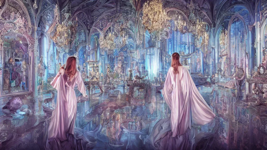 Prompt: a stunning wide angle view a woman wearing a majestic flowing silk robe in a magical white crystal castle with many mirrors, highly detailed reflections, artistic composition, sharp focus, intricate concept art, digital painting, colorful flat surreal design, hd, 8 k, artstation, ambient lighting