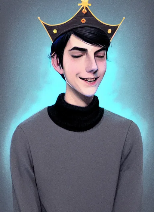 Image similar to portrait of teenage jughead jones wearing a light grey crown, crown, blue turtleneck, closed eyes, eyes closed, smile, crown, black hair, intricate, elegant, glowing lights, warm lighting, highly detailed, digital painting, artstation, concept art, smooth, sharp focus, illustration, art by wlop, mars ravelo and greg rutkowski