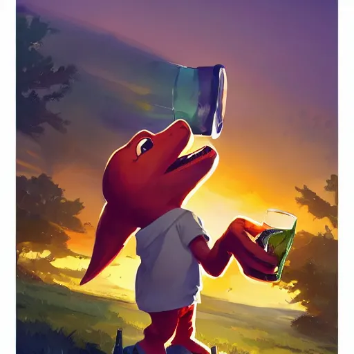 Prompt: barnie the dinosaur holding a broken beer bottle, art gta 5 cover, official fanart behance hd artstation by jesper ejsing, by rhads, makoto shinkai and lois van baarle, ilya kuvshinov, ossdraws