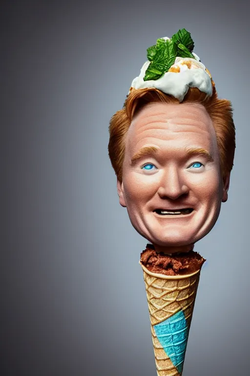 Image similar to 📷 conan o'brien the ice - cream cone 🍦, made of food, head portrait, dynamic lighting, 4 k