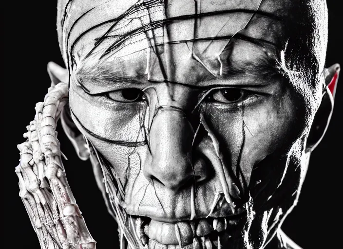 Prompt: mid shot portrait of samurai in battle, transparent skin, bones, muscle, veins, nerves, in the style of david cronenberg, high fashion, id magazine, realistic, sharp focus, 8 k high definition, film photography, photo realistic, insanely detailed, by david kostic and stanley lau and artgerm