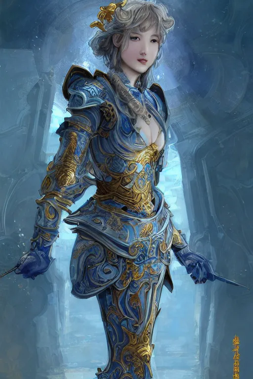 Prompt: portrait knights of Zodiac girl, Chinese Blue and white porcelain reflected armor, in ruined Agora of Athens sunrise, ssci-fi, fantasy, intricate, very very beautiful, elegant, golden light, highly detailed, digital painting, artstation, concept art, smooth, sharp focus, illustration, art by tian zi and WLOP and alphonse mucha