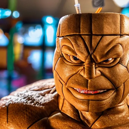 Image similar to a closeup photorealistic photograph of ben grimm's face on a tiki mug at trader vic's restaurant. fantastic four. tiki culture. bright scene. fine detail. this 4 k hd image is trending on artstation, featured on behance, well - rendered, extra crisp, features intricate detail, epic composition and the style of unreal engine.