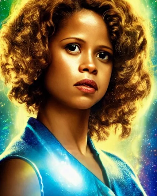 Image similar to drew struzan style movie poster of gugu mbatha - raw dressed as sue storm, the invisible woman from the fantastic four, with her hands held up, she is generating an iridescent bubble of particles around her body in the form of a shimmering bubble force field, soft focus, bokeh, 5 0 mm