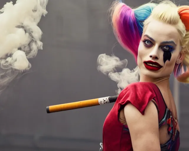 Prompt: Margot Robbie as a harley quinn smoking a cigarette, smoke cloud, cinematic, 4k, hyper realistic, super detailed