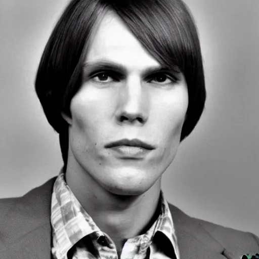 Image similar to A photograph portrait of Jerma985 with short-medium length hair a combover wearing early 1970s menswear in the early 1970s, taken in the early 1970s, grainy, taken on a 1970s Kodak Camera, realistic, hyperrealistic, very realistic, highly detailed, very detailed, extremely detailed, detailed, digital art, trending on artstation, colorized photo